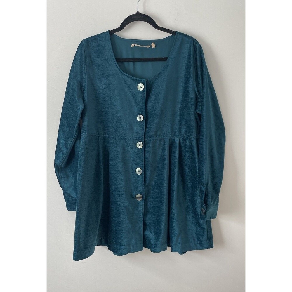 Soft Surroundings Fiona Button Up Relaxed Fit Teal Chenille Tunic Top Sz L